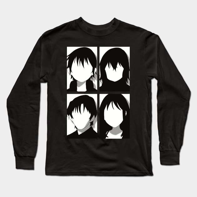 Erased anime | All main character in black and white pop art minimalist design | Satoru fujinuma x Kayo hinazuki x Airi katagiri x Gaku yashiro Long Sleeve T-Shirt by Animangapoi